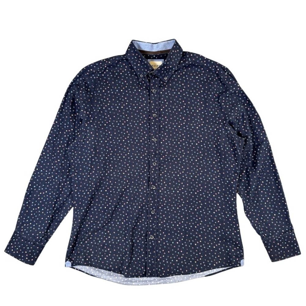 Haupt 1926 Mens Modern Fit Navy Blue Polka Dot Cotton Button Down Shirt Large